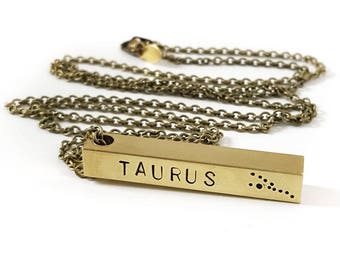 Taurus Zodiac Bar Necklace, Constellation Necklace, Zodiac Jewelry, Brass, Unisex, Long Necklace, Zodiac Pendant, Birthday