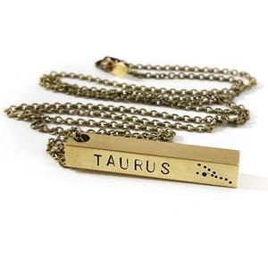 Taurus Zodiac Bar Necklace, Constellation Necklace, Zodiac Jewelry, Brass, Unisex, Long Necklace, Zodiac Pendant, Birthday