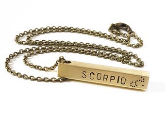 Scorpio Zodiac Bar Necklace, Constellation Necklace, Zodiac Jewelry, Brass, Unisex, Long Necklace, Zodiac Gift, November Birthday