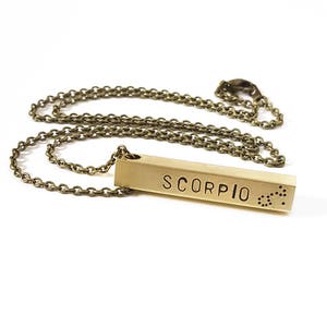Scorpio Zodiac Bar Necklace, Constellation Necklace, Zodiac Jewelry, Brass, Unisex, Long Necklace, Zodiac Gift, November Birthday image 1