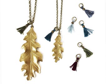 Brass Fall Leaf Necklace with Tiny Tassel, Oak Leaf, Antiqued Brass Chain, Fall Statement Jewelry, Leaf Jewelry, Large, Small, Multicolor