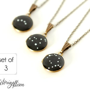 Set of 3 Personalized Bridesmaid Necklaces, Custom Zodiac Constellation Necklace, Tiny Vintage Locket Hand Painted, Birthday Star Sign image 1