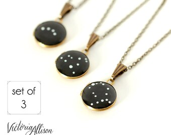 Set of 3 Personalized Bridesmaid Necklaces, Custom Zodiac Constellation Necklace, Tiny Vintage Locket - Hand Painted, Birthday Star Sign