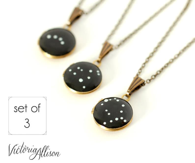 Set of 3 Personalized Bridesmaid Necklaces, Custom Zodiac Constellation Necklace, Tiny Vintage Locket Hand Painted, Birthday Star Sign image 1