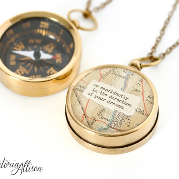 Map Compass Necklace - Go Confidently in the Direction of Your Dreams or Personalized Quote, Positive Inspiration, Graduation Gift, Moving