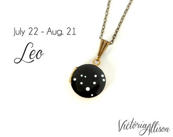 Leo Star Sign, Leo Zodiac Constellation Necklace on Vintage Tiny Locket - Hand Painted -  August July Birthday, Leo gift, leo the Lion