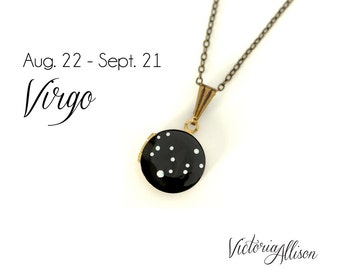 Virgo Constellation Necklace, Zodiac, Hand Painted Small Vintage Locket, August September Birthday, Virgo the Virgin Star Symbol