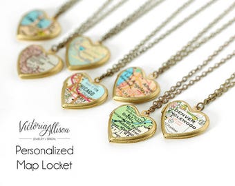 Custom Map Necklace, Small Heart Locket, Brass Chain, Personalized Map Jewelry, Bridesmaid Gift, Wedding, Gift Under 40