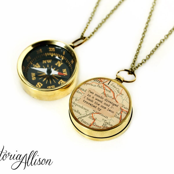 Large Map Compass Necklace with Robert Frost or Personalized Quote, Working Compass, Road Not Taken, Poetry Jewelry, Grad, Inspiration