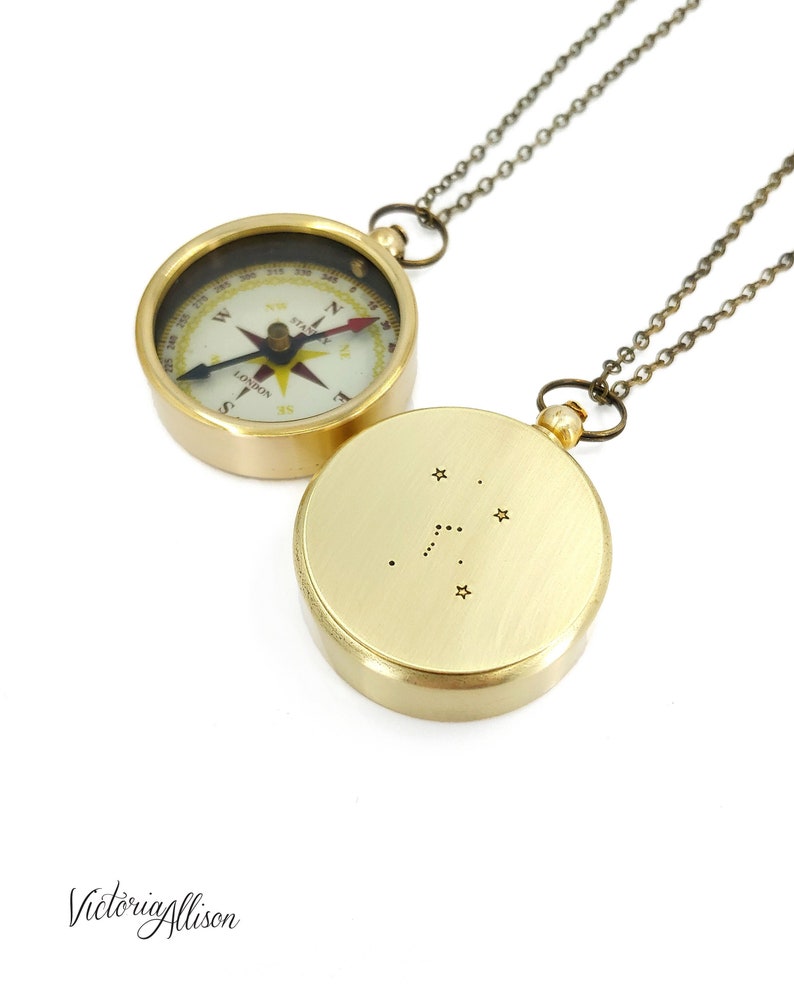 Orion Constellation Necklace with Large Working Compass, Brass, Stars, Astronomy 