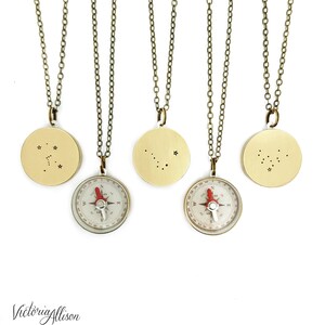 Small Working Compass Necklace with Personalized Constellation, Zodiac Jewelry, Brass Compass, Birthday Gift,