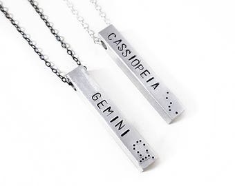 Silver Zodiac Bar Necklace, Constellation Necklace, Zodiac Jewelry, Modern, Unisex, Personalized, Long Necklace, Zodiac Pendant, Birthday