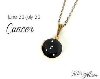 Cancer Zodiac Necklace, Hand Painted Constellation on a Small Vintage Locket, June July Birthday, Cancer the Crab