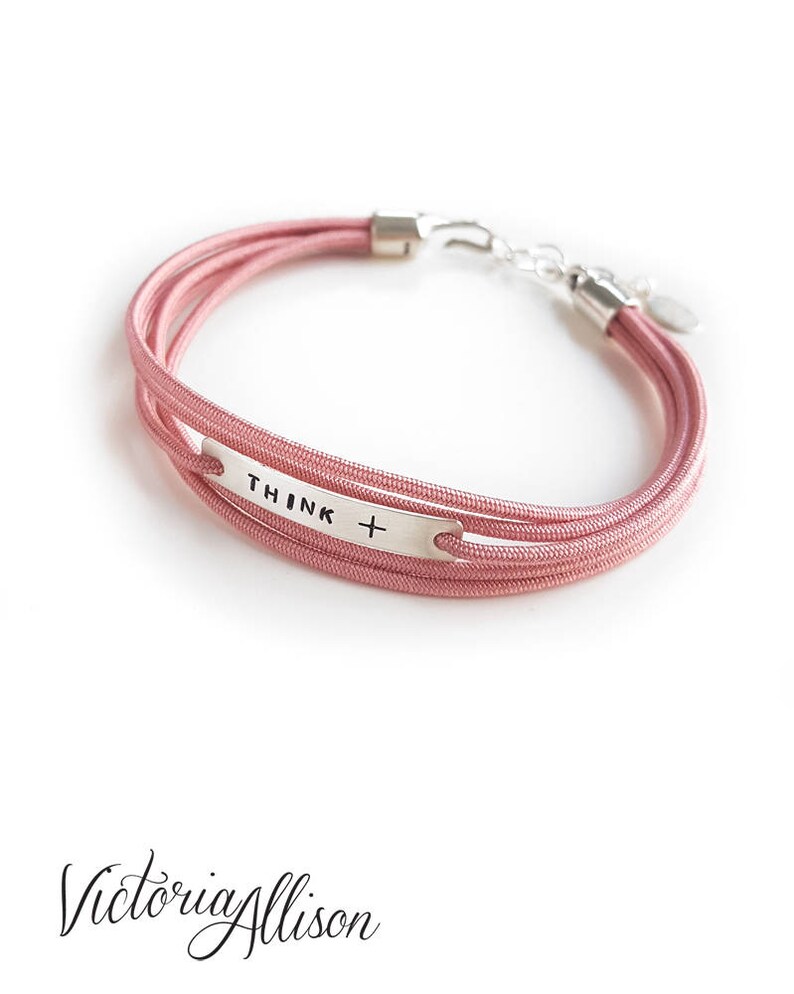 Think Positive Bracelet, Cherry Blossom Pink Silk Wrap Style Bracelet, Infertility Jewelry, IVF Jewelry, Sterling Silver, IVF Gift, Think image 1