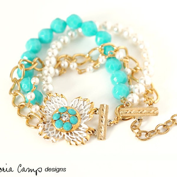 Vintage Enameled Filigree Flower Bracelet, Gold Chain, Aqua Rhinestones and Beads, White Pearls, Eco Friendly, Wedding Something Blue