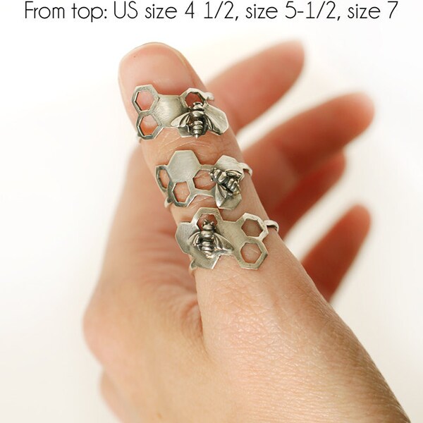 Sterling Silver Honeycomb Ring with Tiny Bee, Handmade, Hexagon, .925, Metal, Custom