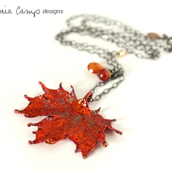 Real Maple Leaf Necklace, Copper Plated Leaf, Orange Hessonite Gemstone, Red Pearl, Gold Pyrite, Sterling Silver Chain, Autumn, Fall