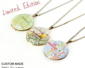 LIMITED - Custom Large Map Locket Necklace, Vintage Brass Locket, Map Jewelry, Personalized, Gift for Her, Paper Anniversary