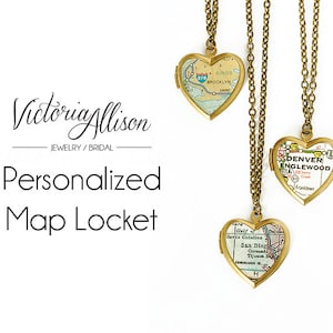 Personalized Map Heart Locket Necklace, Custom, Vintage Locket, Brass Chain, Gift Under 40, Gift for Her, Paper Anniversary, Moving Gift image 1