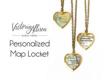 Personalized Map Heart Locket Necklace, Custom, Vintage Locket, Brass Chain, Gift Under 40, Gift for Her, Paper Anniversary, Moving Gift