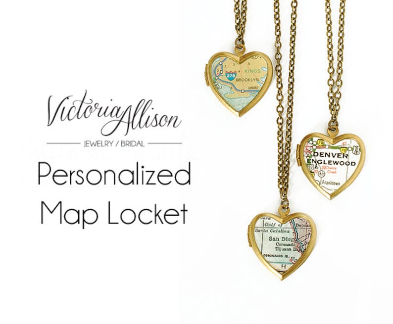 Personalized Map Heart Locket Necklace, Custom, Vintage Locket, Brass Chain, Gift Under 40, Gift for Her, Paper Anniversary, Moving Gift image 1