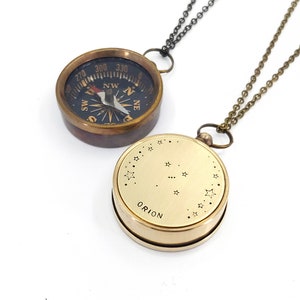 Large Working Compass Necklace with Personalized Star Design Constellation, Custom Zodiac, Antiqued Brass Chain