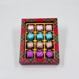Colorful Wrapped Special Chocolate Box, Artisan Chocolate, Purple, Blue, Pink, Bronze Milk Chocolates Folied With Rich Hazelnut, 12 Piece
