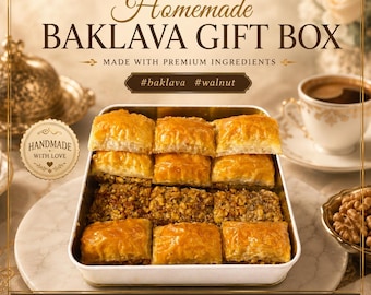 Handmade Turkish Walnut Baklava, Dessert, Luxury Sweet Treats, Gourmet Pastry, Gift Tin Basket