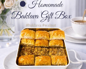 Baklava turco de nueces hecho a mano, postre, dulces de lujo, pastelería gourmet, cesta de regalo en lata.