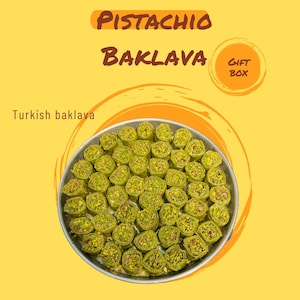 Turkish Baklava With Pistachio, Thin Dough with Lots of Pistachios Baklava Custom Tin Gift Box, Delicious Pistachio Dessert Gourmet Basket