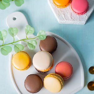 May include: A white plate with a variety of colourful macarons. The macarons are arranged in a circle on the plate. There are two brown macarons, two yellow macarons, one pink macaron, and one beige macaron.