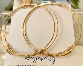 Gold fill or silver double hoops, big hoops, medium to large hoops, round double hoops, hammered hoops, boho hoops, handmade hoop earrings