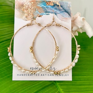 Freshwater Pearl Gold Hoops, pearl earrings, pearl hoops, pearl chandelier earring, large pearl hoops, pearl drop earring, large gold hoop