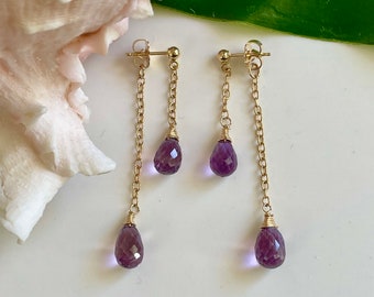 Amethyst Earrings, Amethyst on 14kt Posts, Purple Amethyst Stone Earrings, Amethyst Chained Earrings, Purple Stone Drop Earrings,