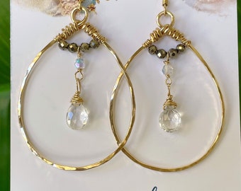 Gold Teardrop Chandelier Earring, White Topaz Gemstone Drop Chandelier Hoop, Handmade Gold Hoop with Pyrite Stones and Clear Gemstone Dangle