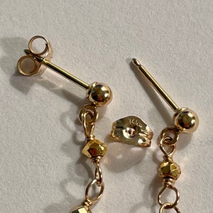 14kt gold post gold pyrite linear earrings, delicate line earring, gold pyrite wire wrapped earrings, gold long drop earring image 7