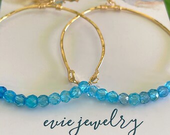 Gold Hoops with Apatite Stones, Gold Hoops With Blue Stones, Gold Fill Handmade Hoops, Aqua Blue Apatite on Gold Hoops, Medium Hoops Stones