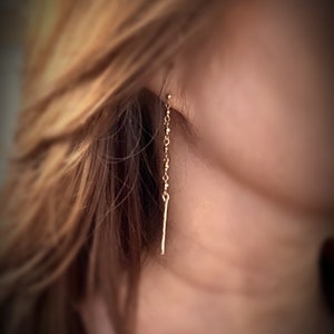 14kt gold post gold pyrite linear earrings, delicate line earring, gold pyrite wire wrapped earrings, gold long drop earring image 1