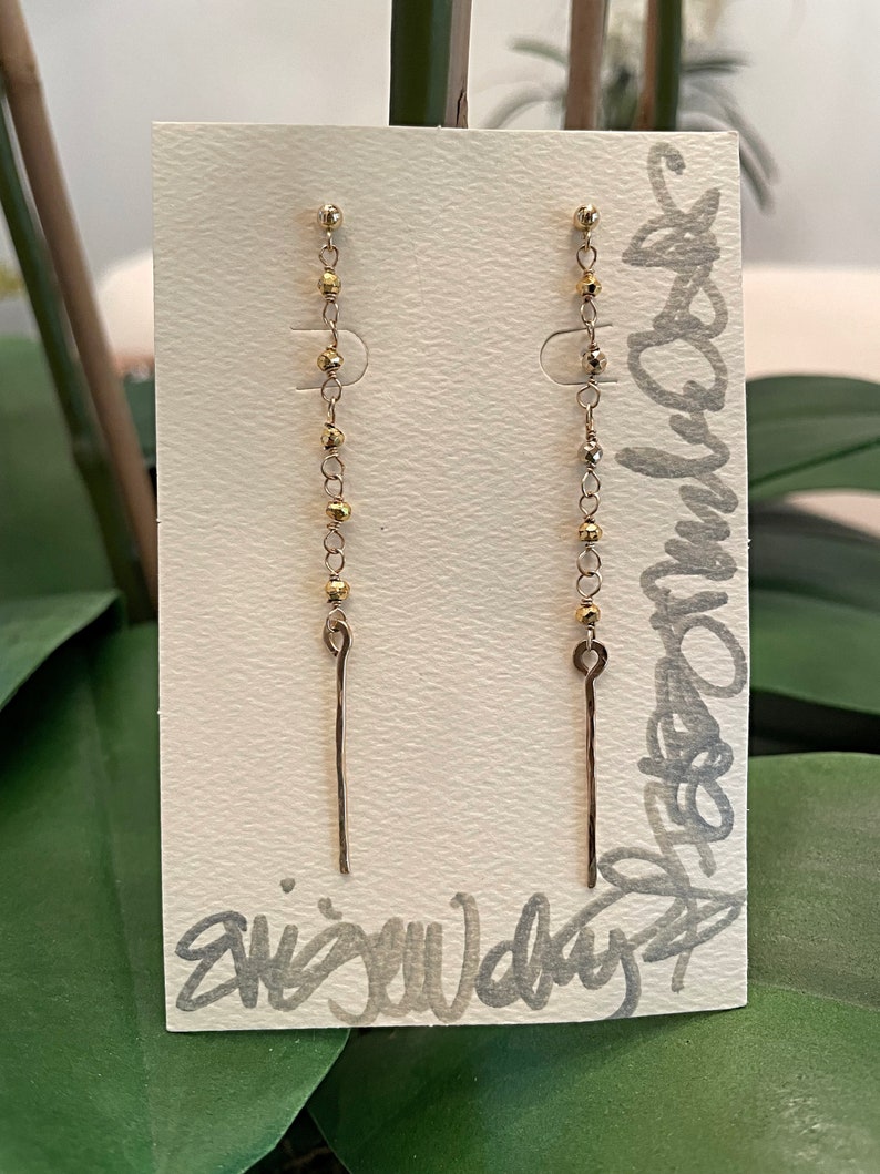 14kt gold post gold pyrite linear earrings, delicate line earring, gold pyrite wire wrapped earrings, gold long drop earring image 3