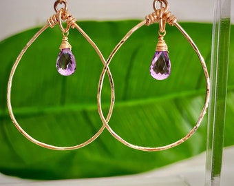 Gold Teardrop Hoop with Amethyst Briolette, Purple gemstone on gold hoop, teardrop shape hoop, chandelier hoop earrings, amethyst earring