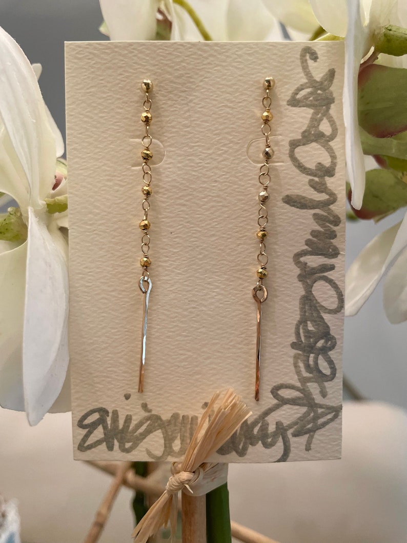 14kt gold post gold pyrite linear earrings, delicate line earring, gold pyrite wire wrapped earrings, gold long drop earring image 5
