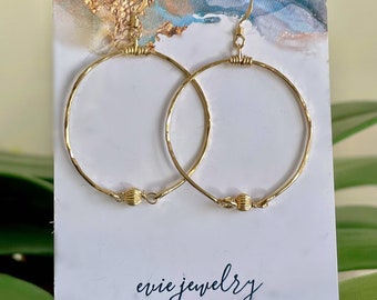 Gold Hoop Earring, Small Hoop Earring, Handmade Hammered Hoop Earring, Gold Drop Earring, Minimalist Gold Earring, Gold Fill Bead Earring