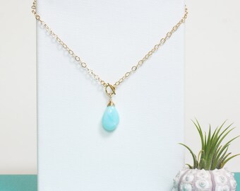 Blue Opal Toggle Necklace, Gold Fill Chain with Sea Blue Opal Stone, Gold Toggle Necklace