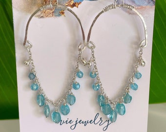 Silver Chandelier Aqua Blue Apatite Earrings, Chandelier Earrings, Drop, Dangle Blue Gemstone Drape Earring