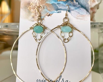 Gold Hoops with Blue Opal, large hoops with blue opal stone, gold fill large hoops, chandelier hoop earrings, big hoops