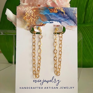 Gold Chain on 14kt Gold Post Earrings, Chain Dangle Earrings, 14kt gold post Chain Drop Earrings, Gold Fill Chain Loop Earring