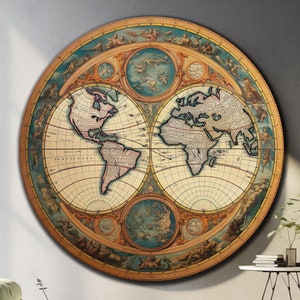 Art de la carte du vieux monde, art mural en verre trempé, impression sur verre, art du verre rond, art mural cercle, décoration murale carte ancienne, oeuvre d'art carte ancienne