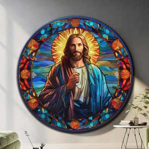Art mural de Jésus, art mural en verre trempé, impression sur verre, grand art mural en verre, art mural rond, art mural cercle, décoration murale de Jésus