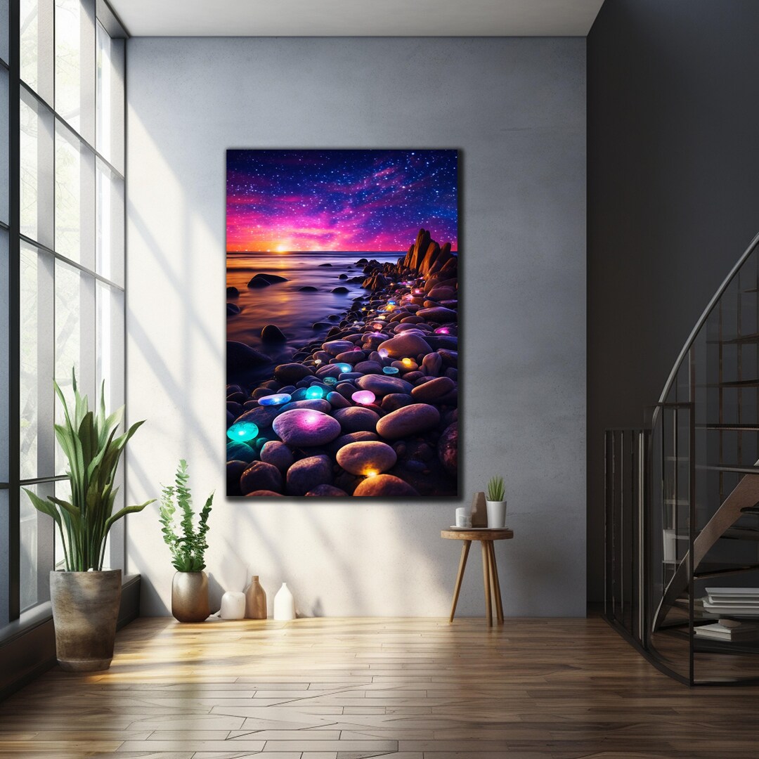 Tempered Glass Art-stained Glass Print-night Beach Stone Stained Glass ...