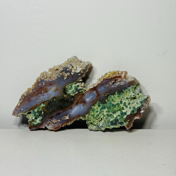Ocean Jasper Slab – Green Orbicular Patterns with Lavender Agate Band for Display & Decor – 1.4 lb